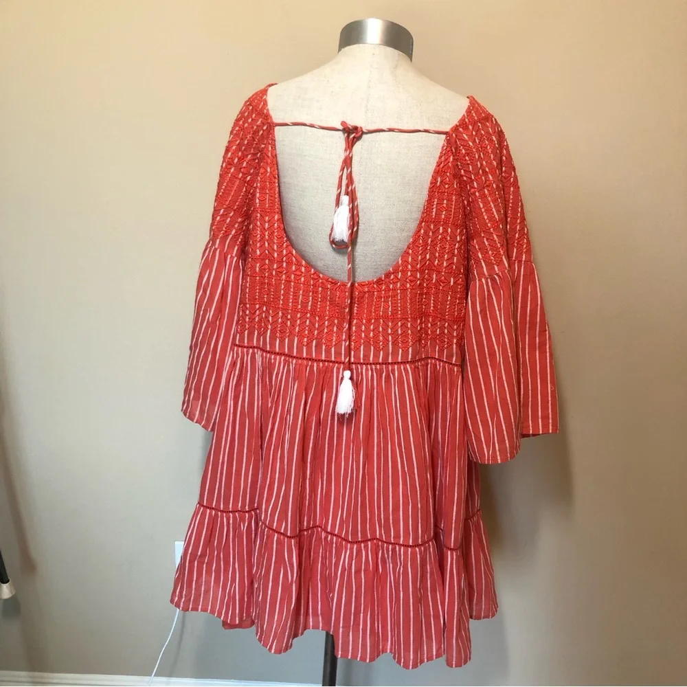 Free people Lola embroidered mini dress stripe open back tassel bell sleeve